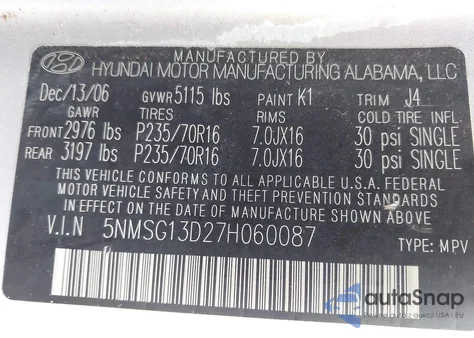 2007 Hyundai Santa Fe Gls из США, поврежденный, VIN 5NMSG13D27H060087